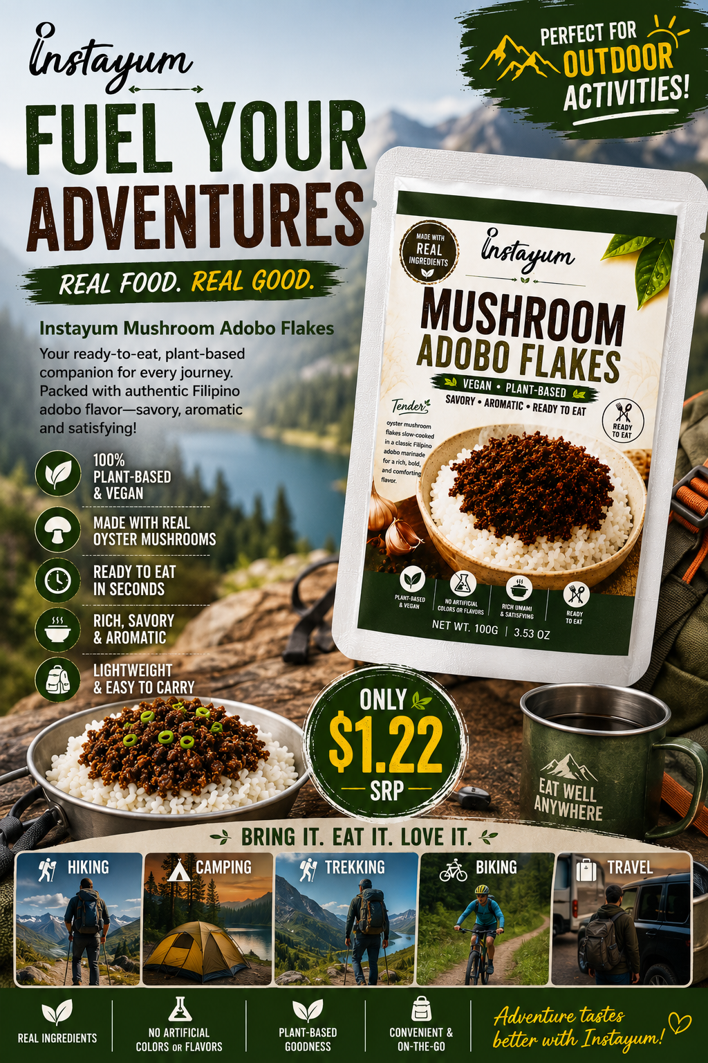 Instayum Mushroom Adobo Flakes – Ready-to-Eat Vegan Filipino Adobo | Plant-Based Mushroom Rice Topping | 100g