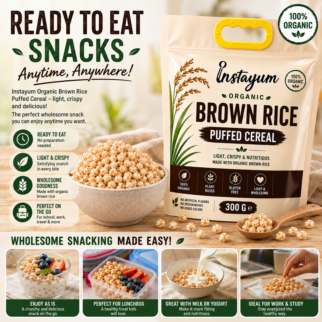 Instayum Organic Brown Rice Puffed Cereal 300g | Gluten-Free, Plant-Based Healthy Breakfast & Snack