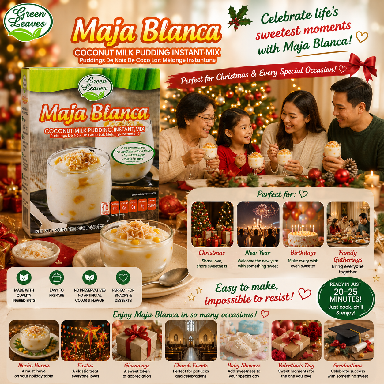 Green Leaves Rice and Coconut Instant Dessert- Maja Blanca- Coconut Milk Custard Pudding Mix