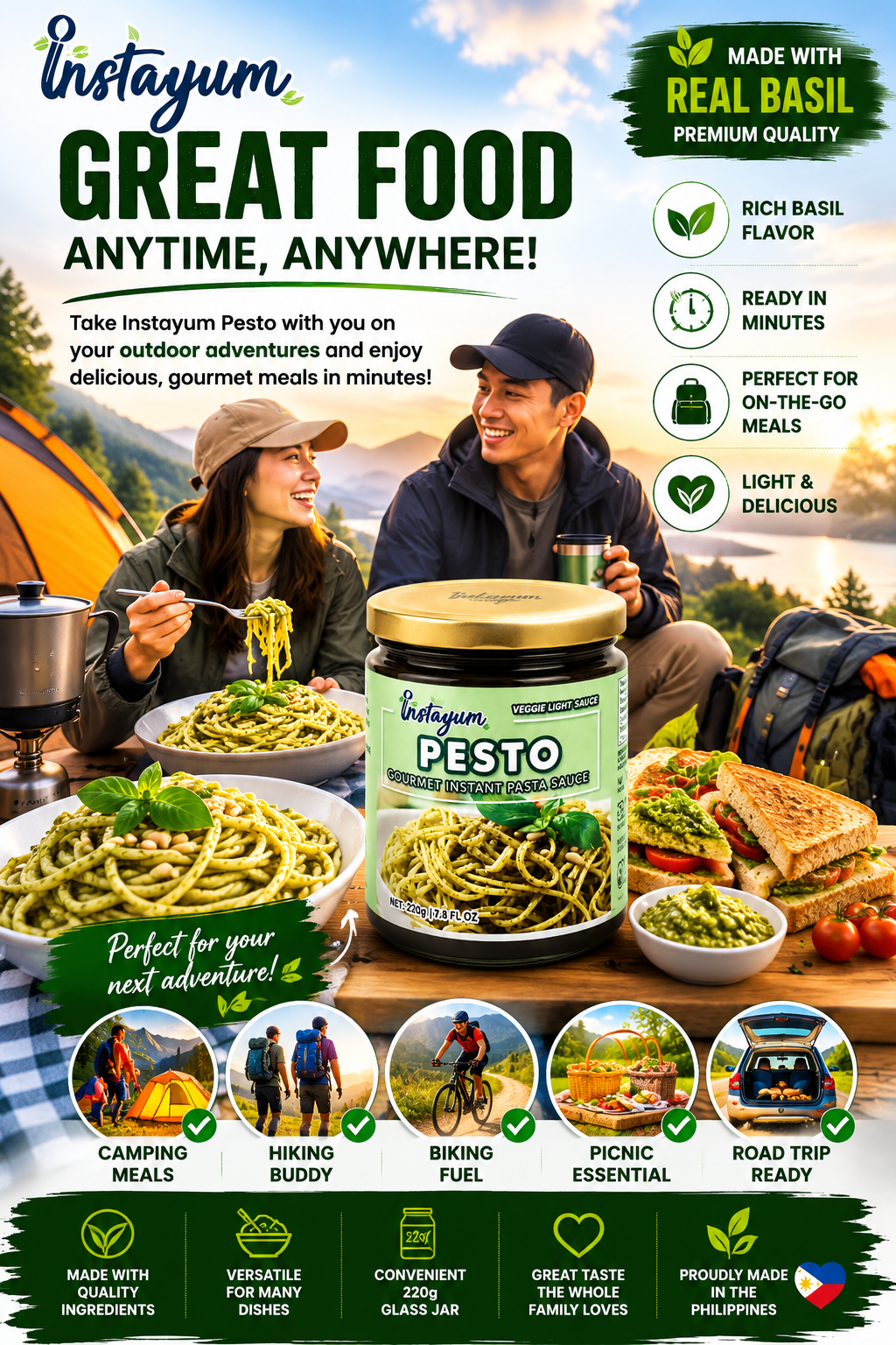 Instayum Gourmet Pesto Pasta Sauce 220g | Ready-to-Use Basil Pesto | Premium Veggie Light Sauce | Perfect for Pasta, Pizza & Sandwiches