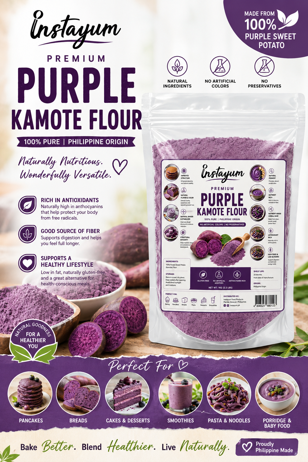 Instayum Premium Purple Sweet Potato Flour 1kg – All-Natural Bakery, Pasta & Beverage Superfood Powder