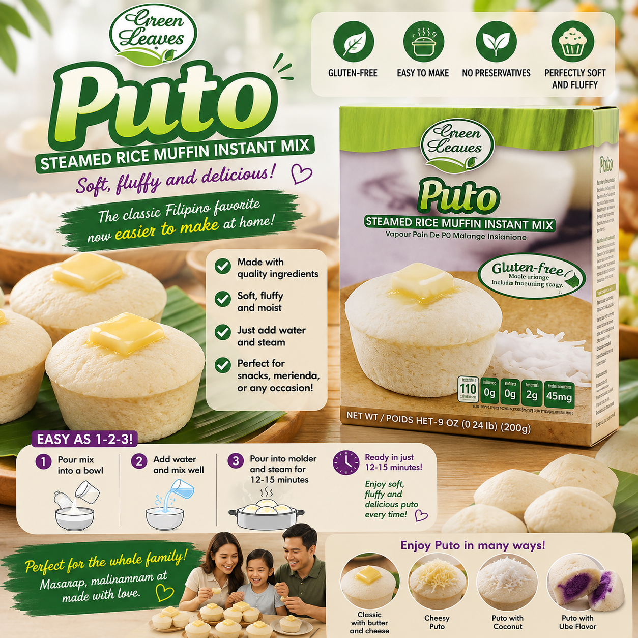 Green Leaves Rice and Coconut Instant Dessert- Puto (Gluten-free Steamed Rice Muffin)