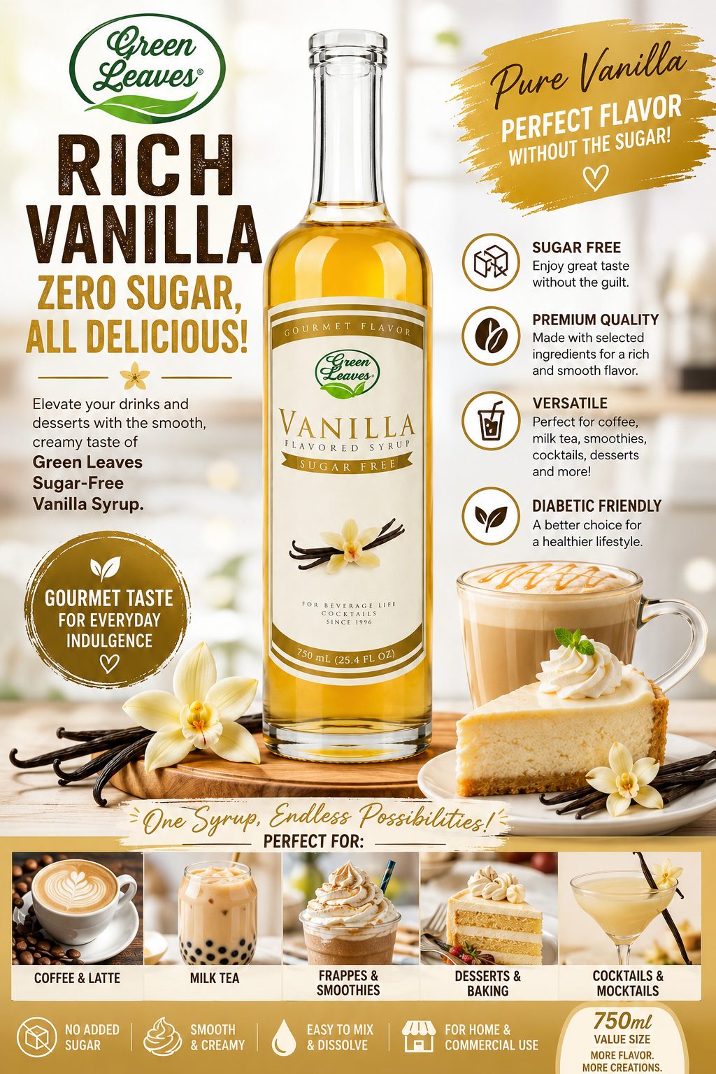 Green Leaves Sugar-Free Vanilla Flavoring Syrup 800ml | Premium Gourmet Syrup for Coffee, Milk Tea, Desserts & Baking