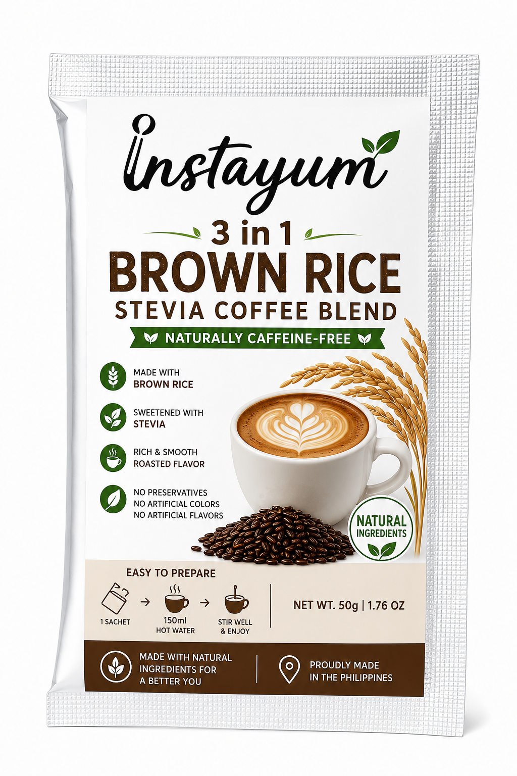 Instayum 3-in-1 Brown Rice Stevia Coffee Blend | Caffeine-Free Instant Healthy Coffee | 50g Sachet