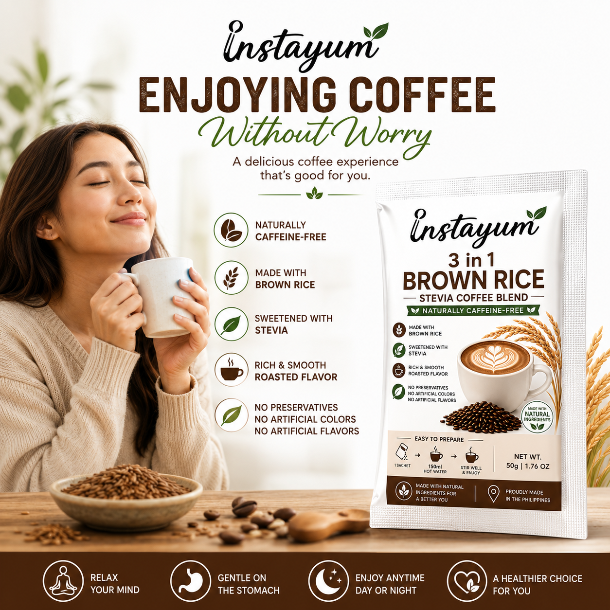 Instayum 3-in-1 Brown Rice Stevia Coffee Blend | Caffeine-Free Instant Healthy Coffee | 50g Sachet
