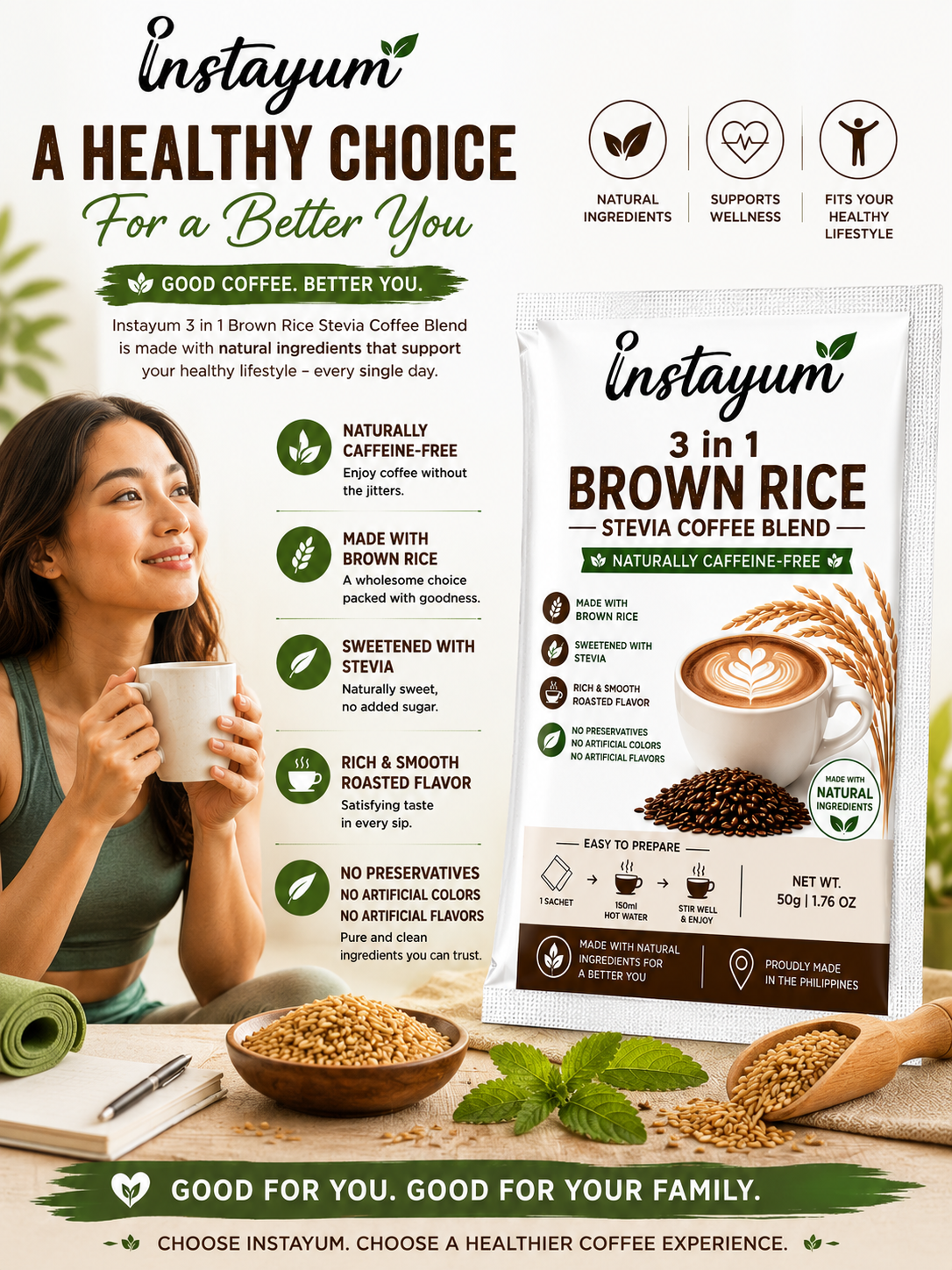 Instayum 3-in-1 Brown Rice Stevia Coffee Blend | Caffeine-Free Instant Healthy Coffee | 50g Sachet