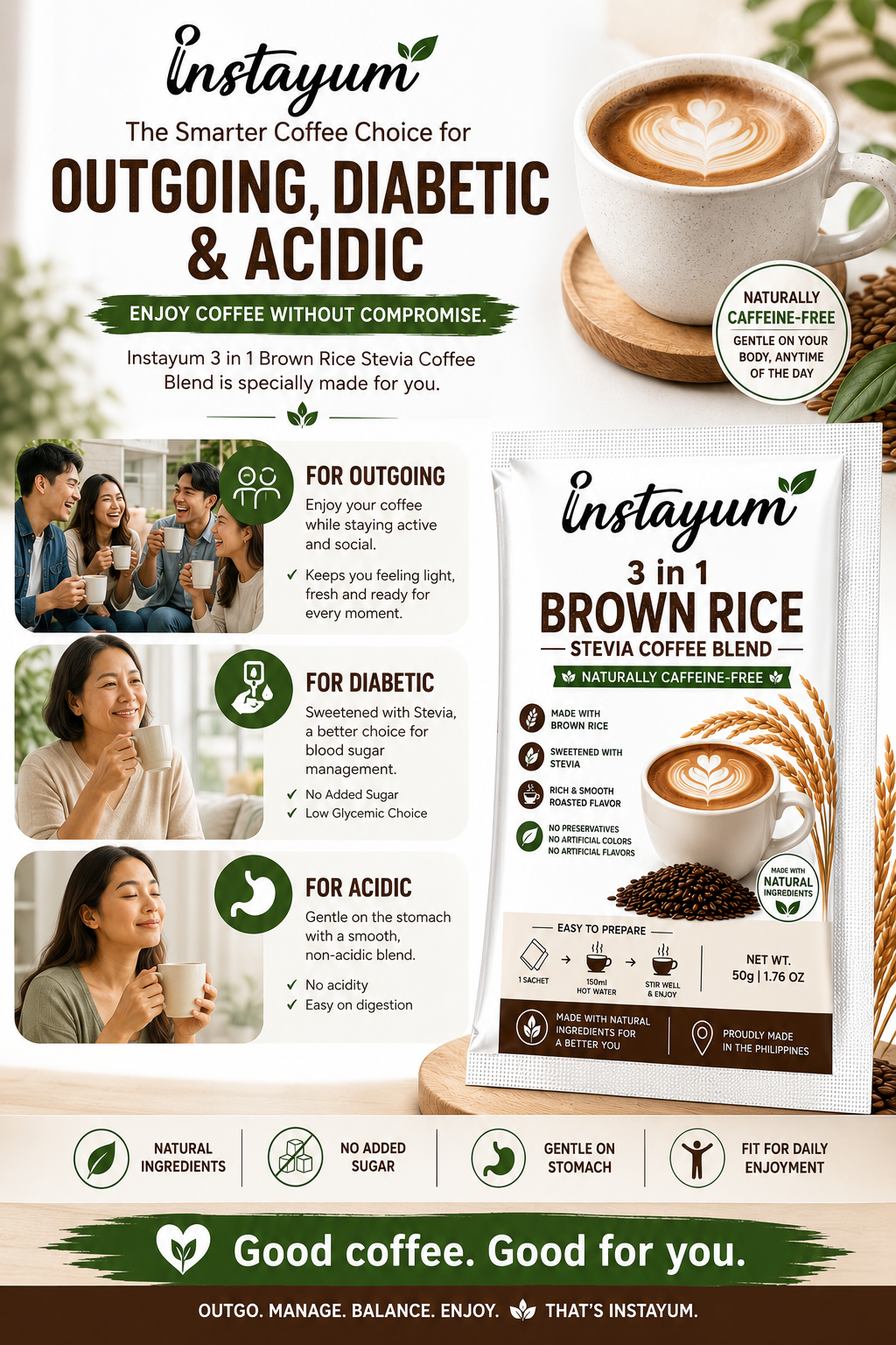 Instayum 3-in-1 Brown Rice Stevia Coffee Blend | Caffeine-Free Instant Healthy Coffee | 50g Sachet