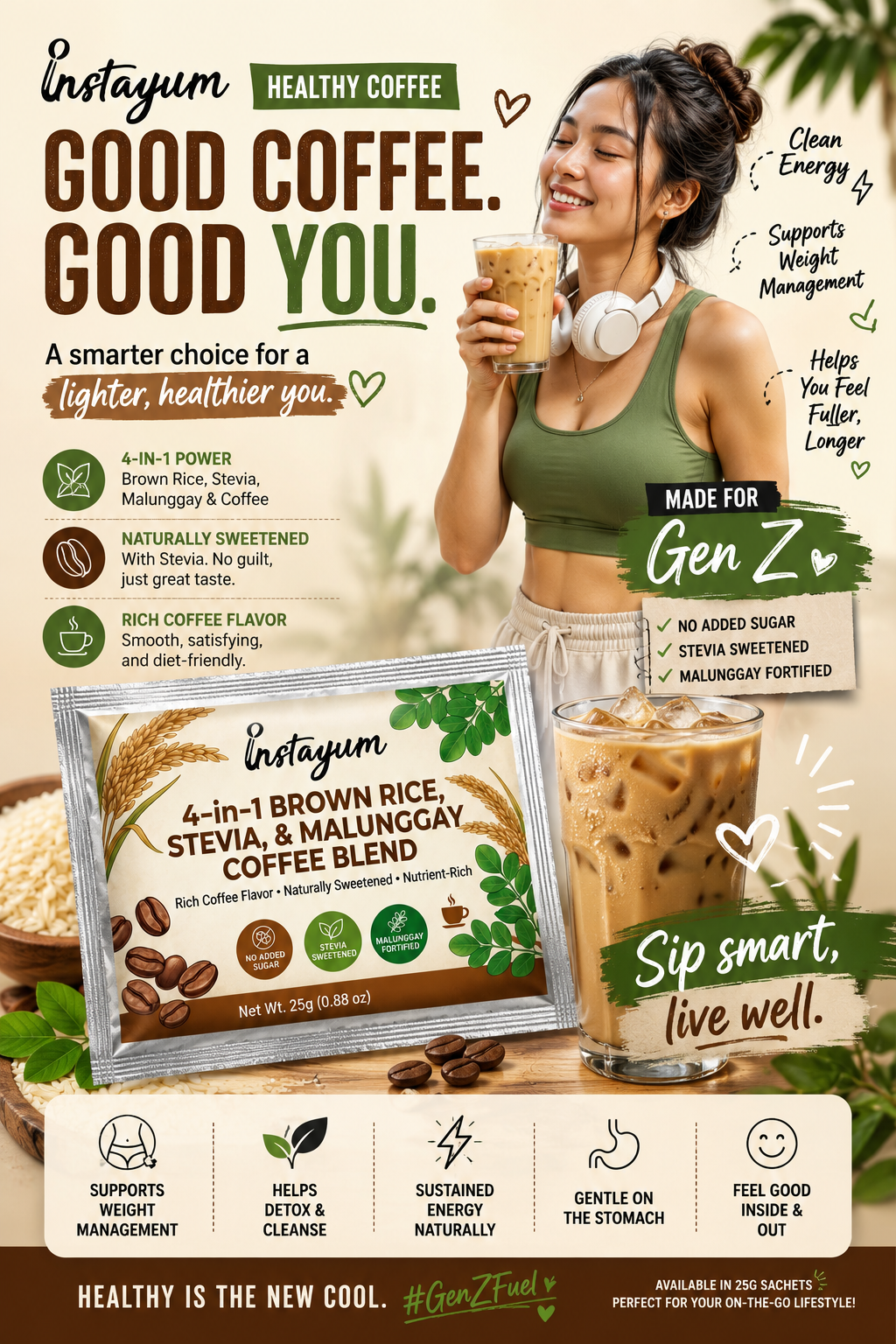 Instayum 4-in-1 Brown Rice, Stevia & Malunggay Coffee Blend – No Added Sugar Healthy Coffee
