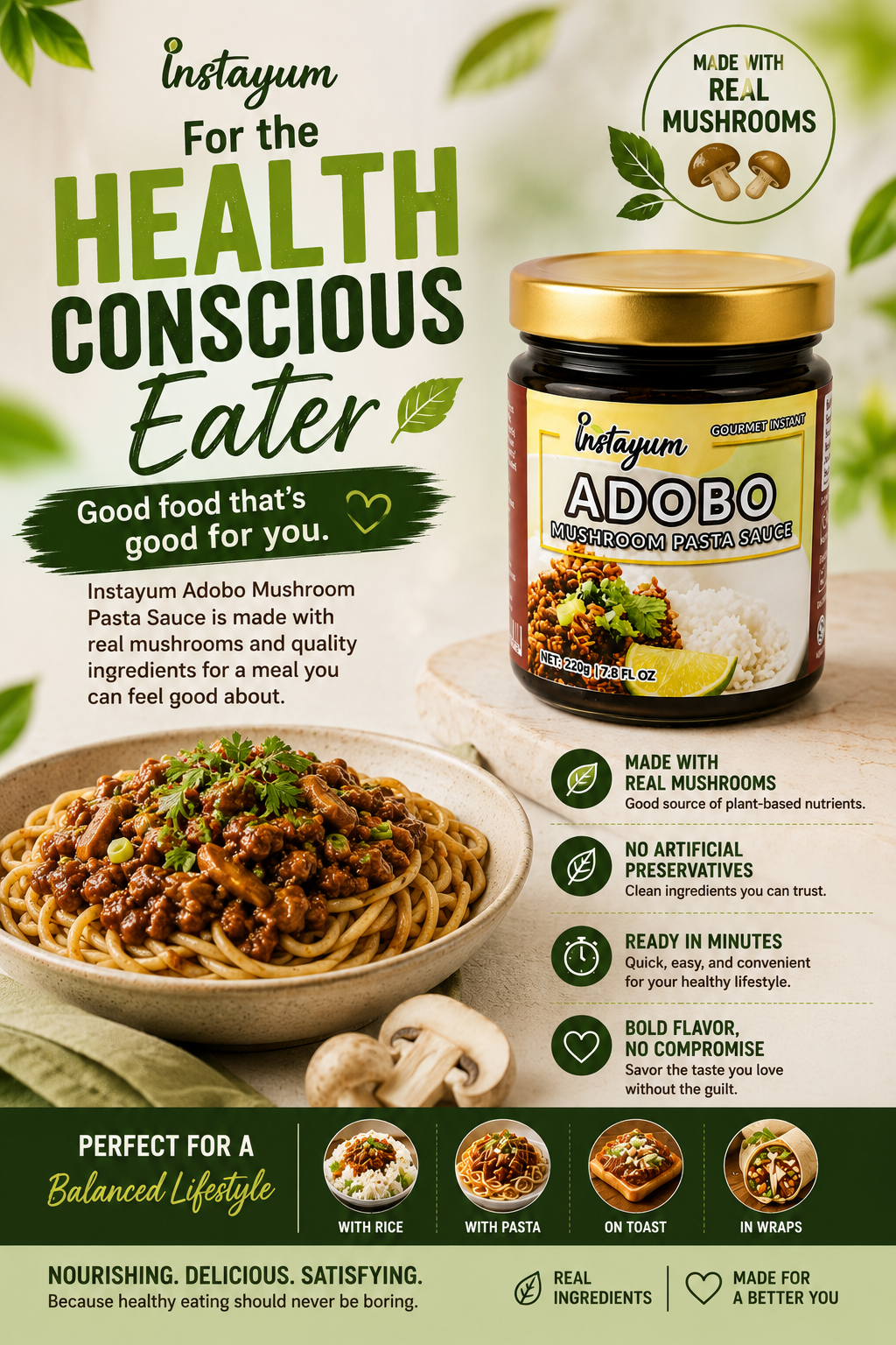 Instayum Adobo Mushroom Pasta Sauce – Gourmet Instant Savory Sauce (220g)