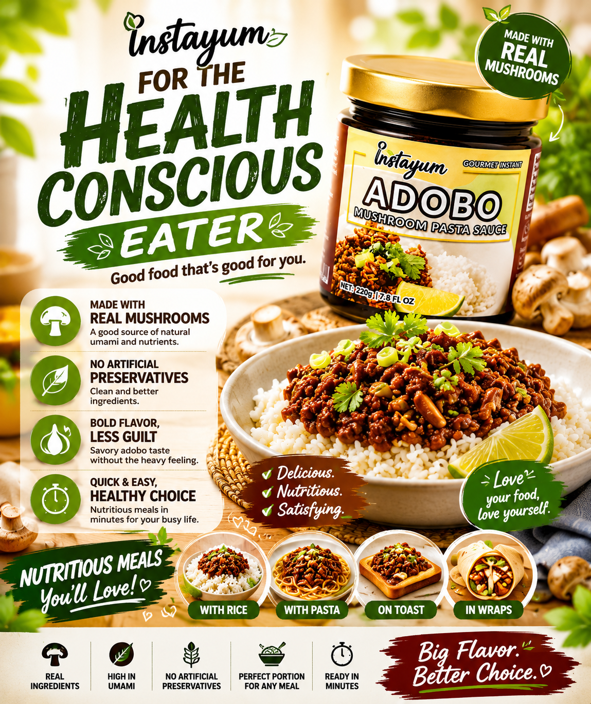 Instayum Adobo Mushroom Pasta Sauce – Gourmet Instant Savory Sauce (220g)