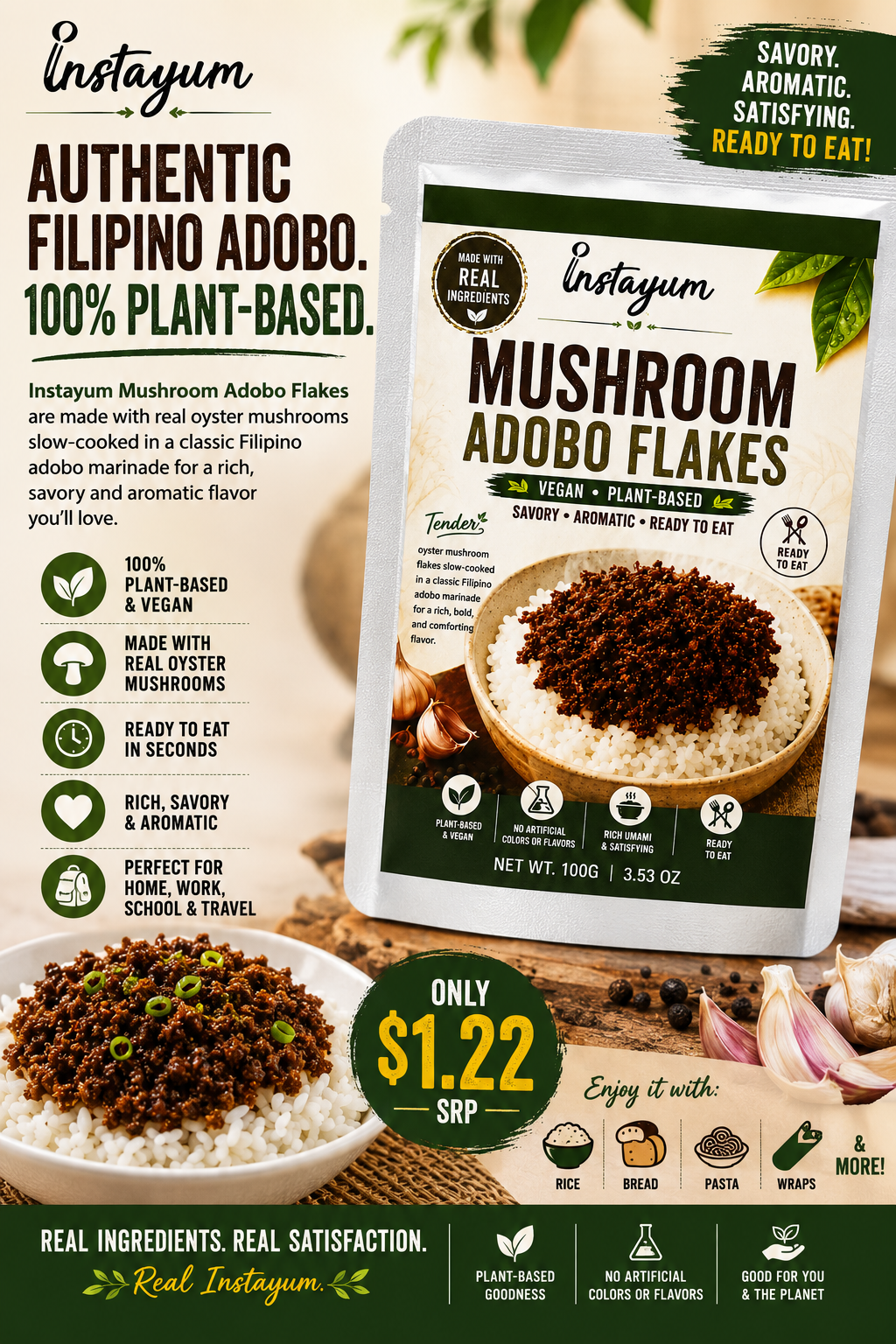 Instayum Mushroom Adobo Flakes – Ready-to-Eat Vegan Filipino Adobo | Plant-Based Mushroom Rice Topping | 100g