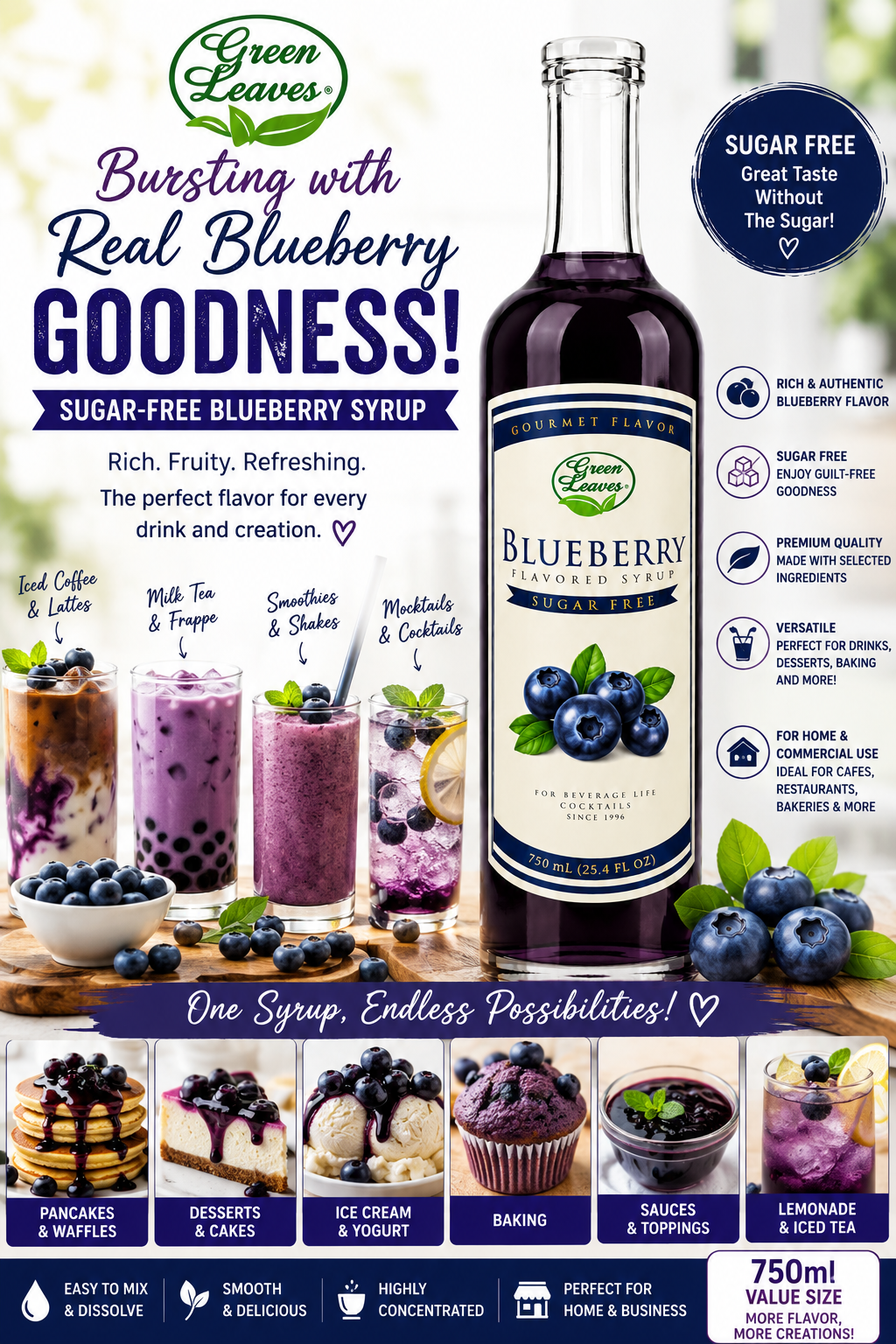 Green Leaves Sugar-Free Blueberry Flavored Syrup 800 ml| Premium Gourmet Syrup for Coffee, Milk Tea, Smoothies, Cocktails & Desserts