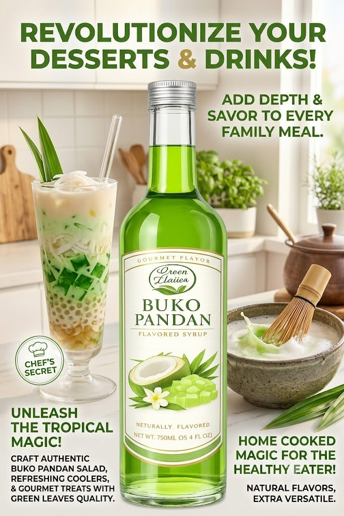 Green Leaves Buko Pandan Flavored Syrup 750ml (25.36 oz)| Premium Tropical Flavoring Syrup
