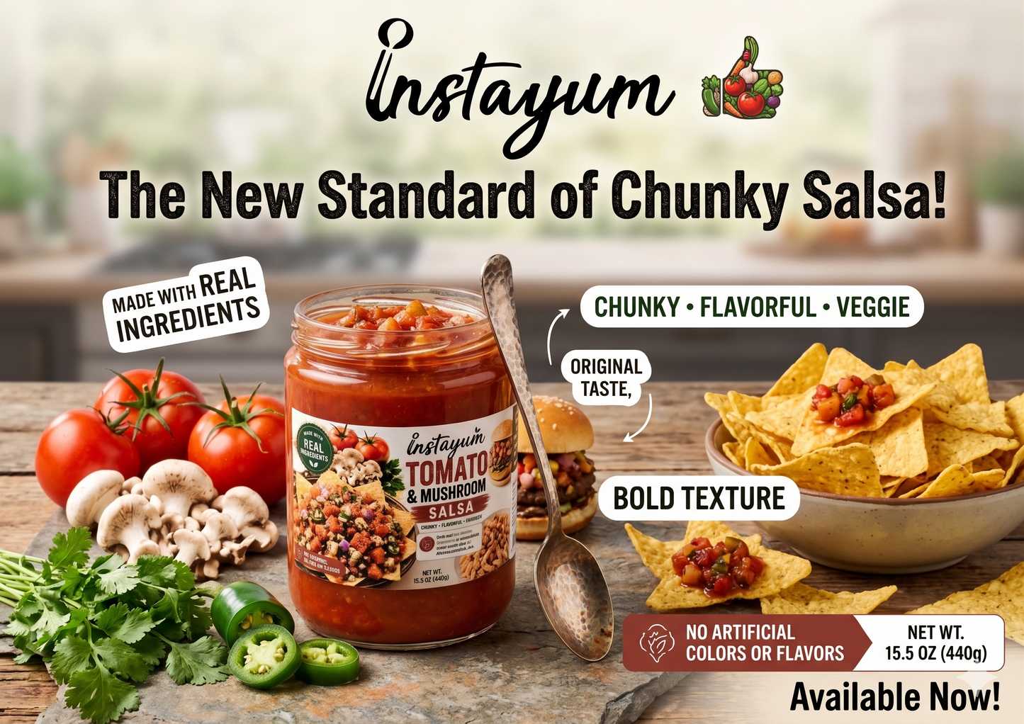 Instayum Original Tomato & Mushroom Salsa (15.5 oz / 440g) – Chunky & Flavorful Veggie Dip