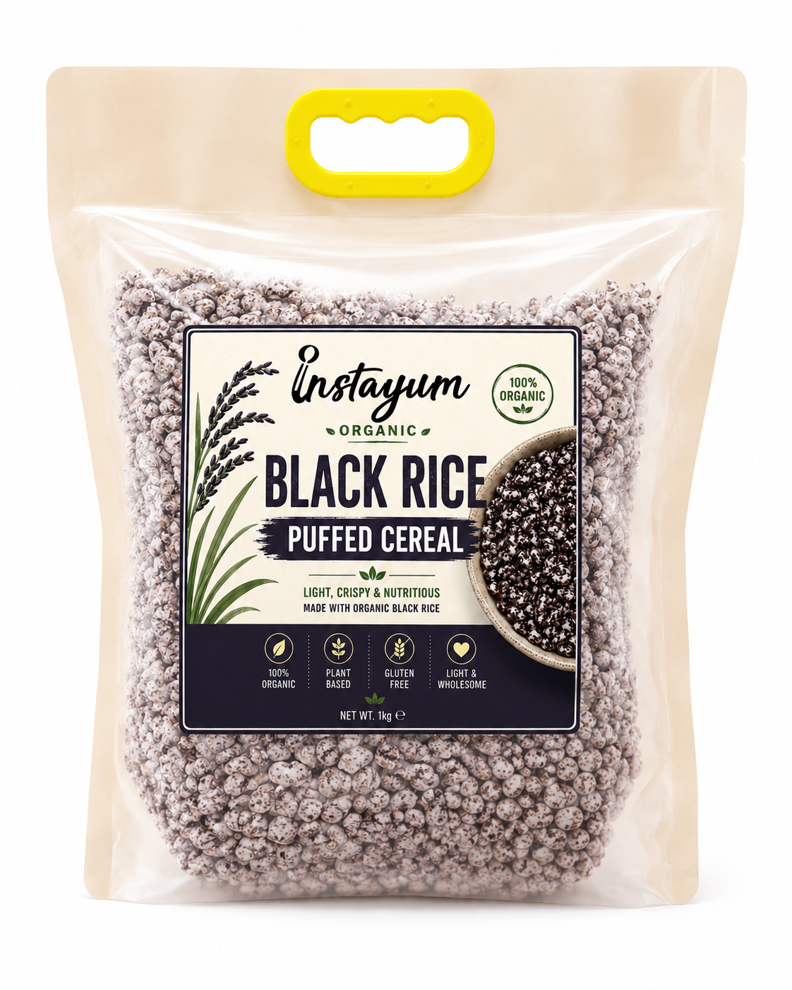 Instayum Organic Black Rice Puffed Cereal 1kg | Gluten-Free, Plant-Based Whole Grain Breakfast & Healthy Snack