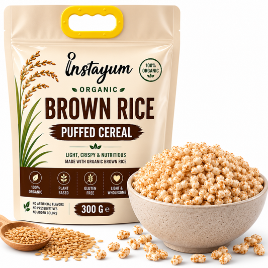 Instayum Organic Brown Rice Puffed Cereal 300g | Gluten-Free, Plant-Based Healthy Breakfast & Snack