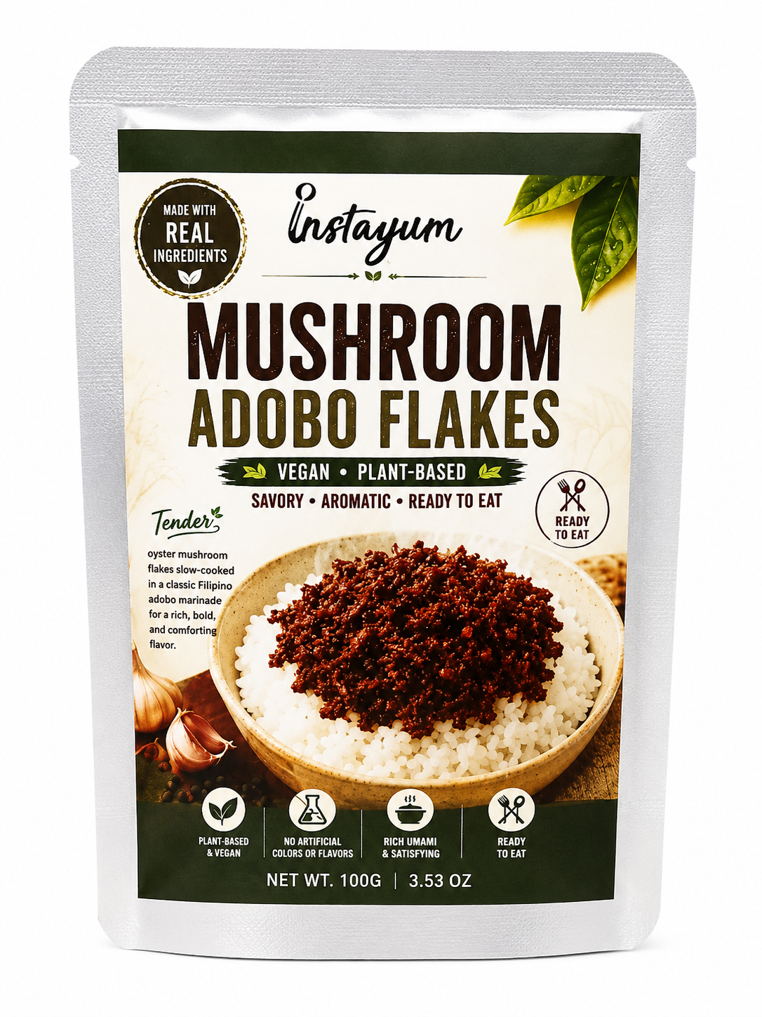 Instayum Mushroom Adobo Flakes – Ready-to-Eat Vegan Filipino Adobo | Plant-Based Mushroom Rice Topping | 100g