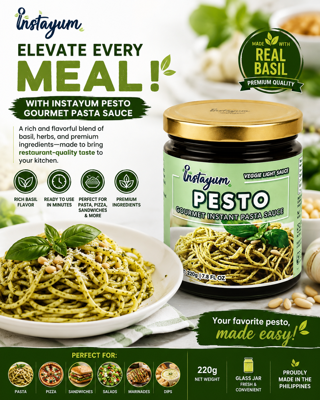 Instayum Gourmet Pesto Pasta Sauce 220g | Ready-to-Use Basil Pesto | Premium Veggie Light Sauce | Perfect for Pasta, Pizza & Sandwiches