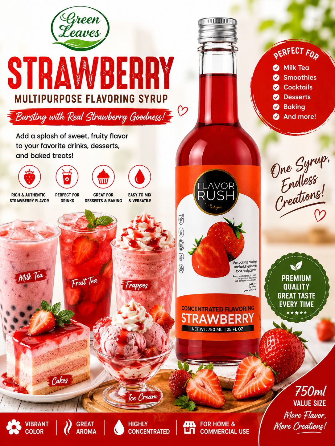 Green Leaves Strawberry Multipurpose Flavoring Syrup 800 ml | Premium Concentrated Syrup for Drinks, Desserts, Baking & Milk Tea