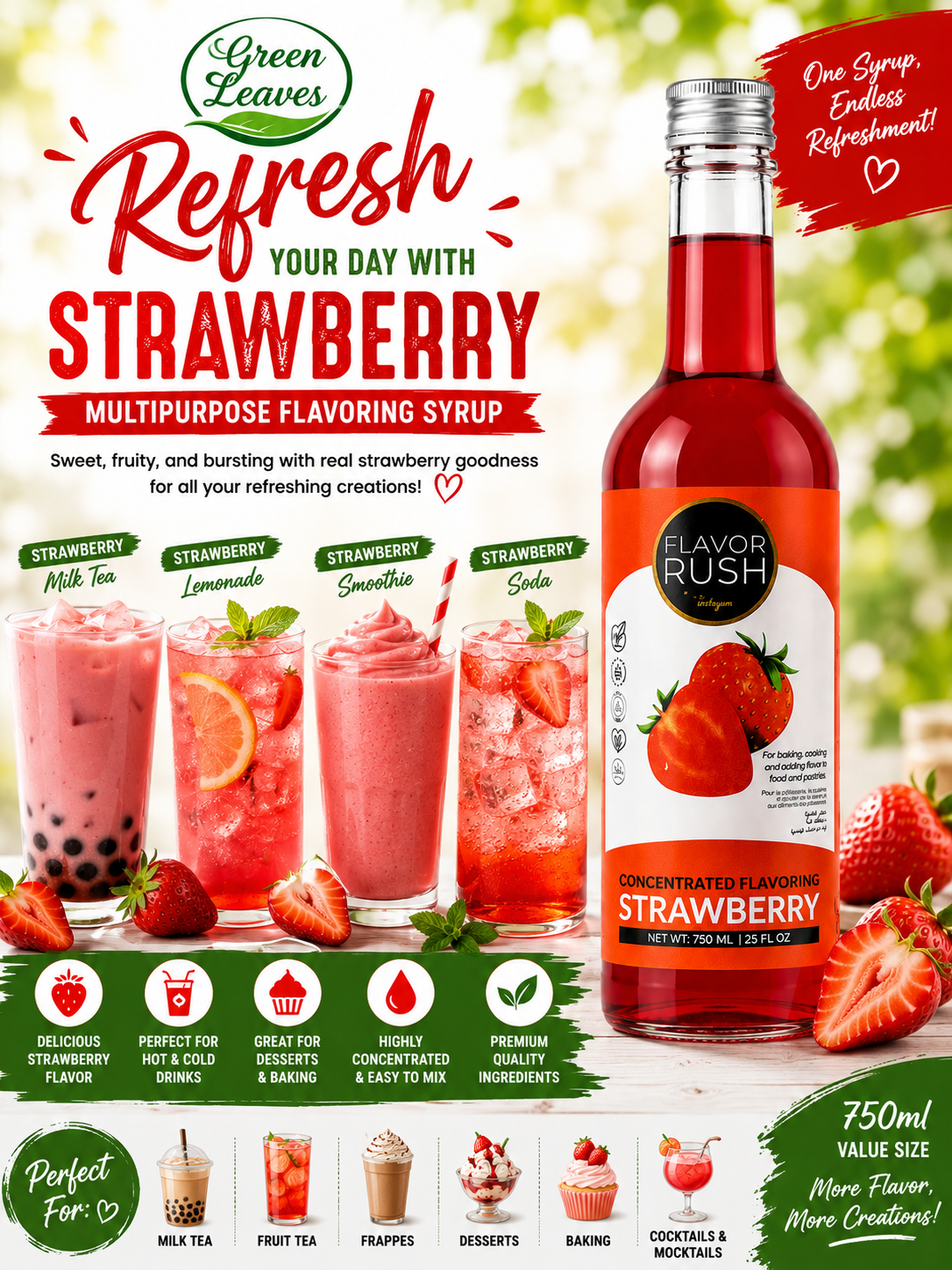Green Leaves Strawberry Multipurpose Flavoring Syrup 800 ml | Premium Concentrated Syrup for Drinks, Desserts, Baking & Milk Tea