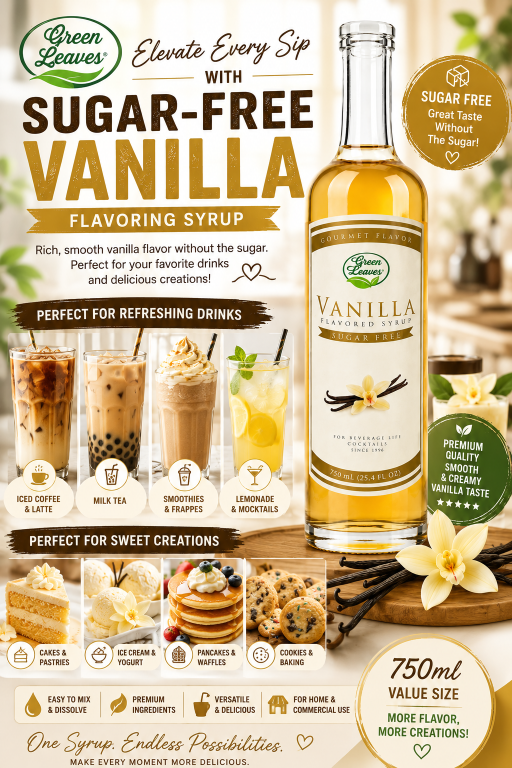 Green Leaves Sugar-Free Vanilla Flavoring Syrup 800ml | Premium Gourmet Syrup for Coffee, Milk Tea, Desserts & Baking