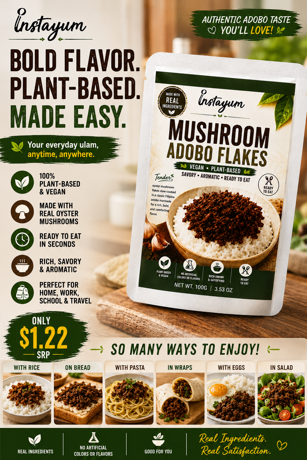 Instayum Mushroom Adobo Flakes – Ready-to-Eat Vegan Filipino Adobo | Plant-Based Mushroom Rice Topping | 100g