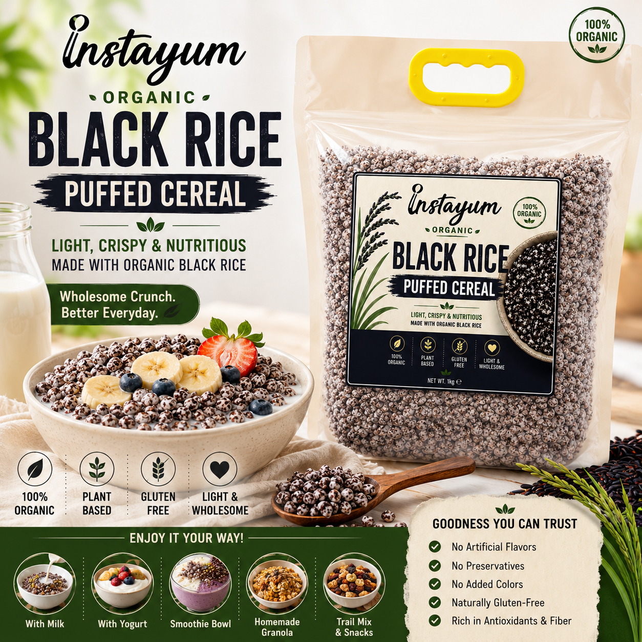 Instayum Organic Black Rice Puffed Cereal 1kg | Gluten-Free, Plant-Based Whole Grain Breakfast & Healthy Snack