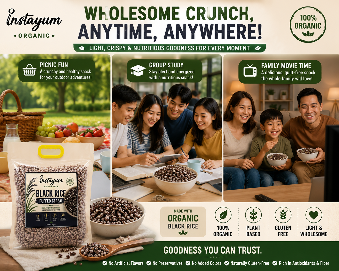 Instayum Organic Black Rice Puffed Cereal 1kg | Gluten-Free, Plant-Based Whole Grain Breakfast & Healthy Snack