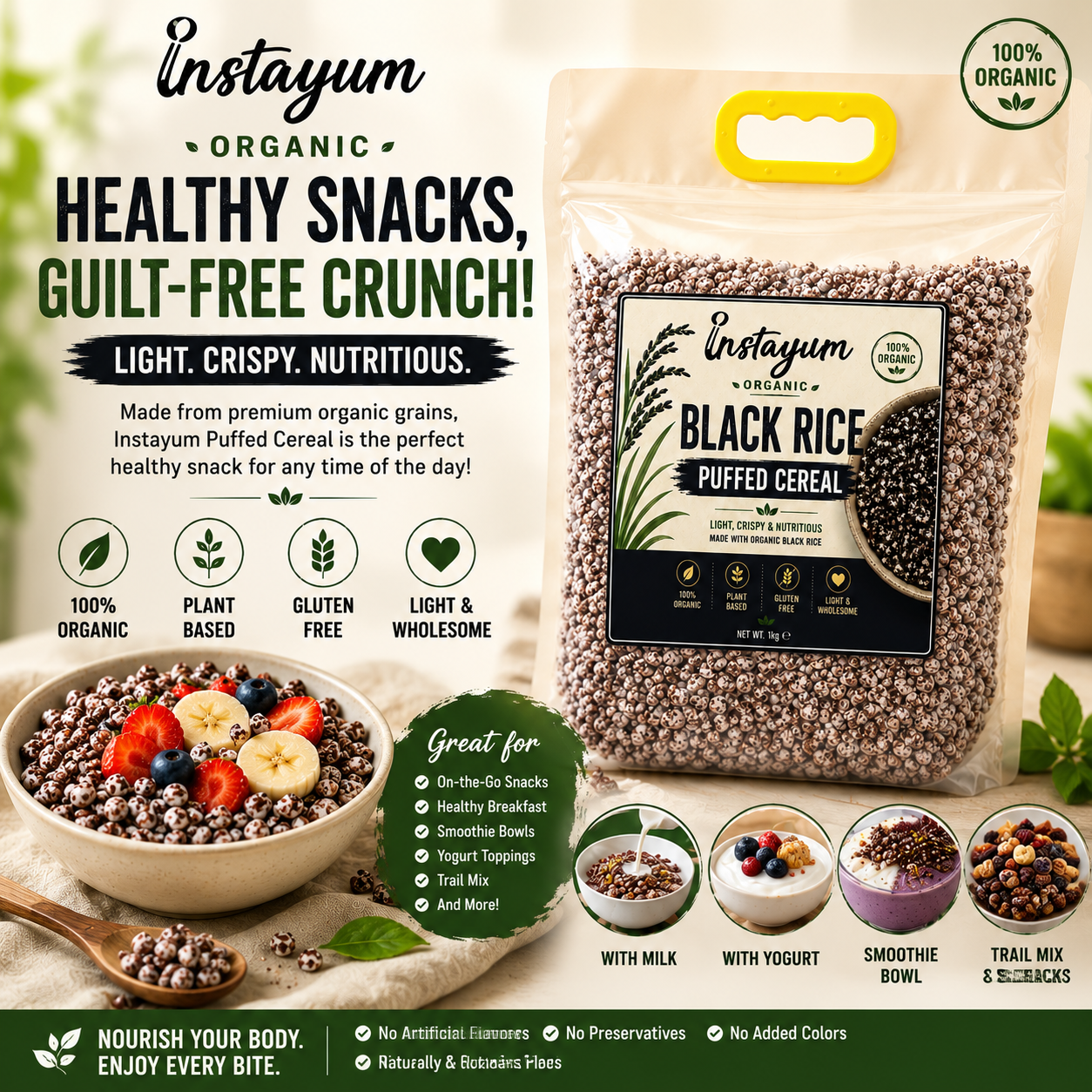 Instayum Organic Black Rice Puffed Cereal 1kg | Gluten-Free, Plant-Based Whole Grain Breakfast & Healthy Snack