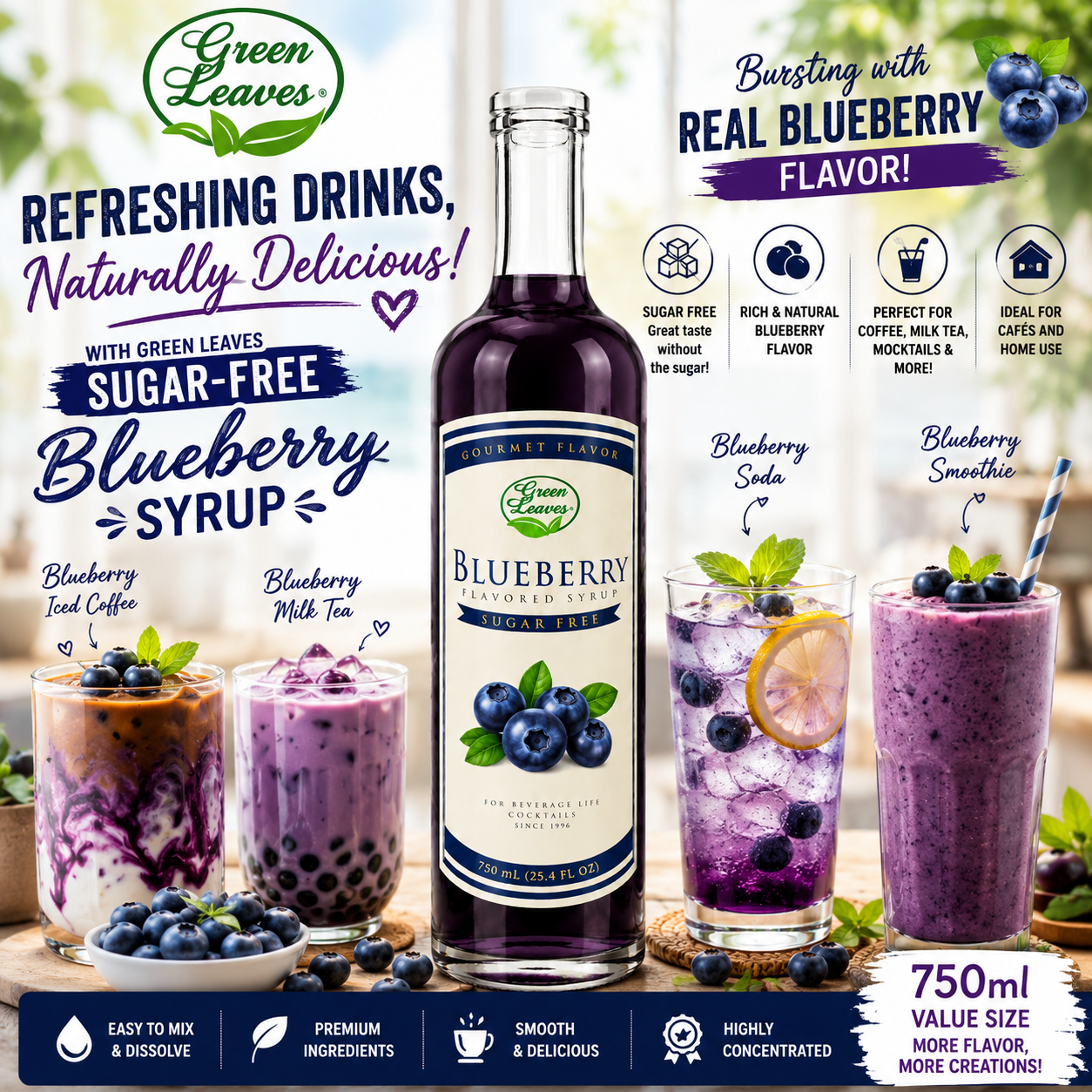 Green Leaves Sugar-Free Blueberry Flavored Syrup 800 ml| Premium Gourmet Syrup for Coffee, Milk Tea, Smoothies, Cocktails & Desserts