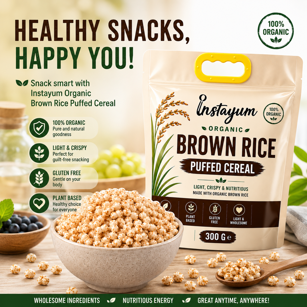 Instayum Organic Brown Rice Puffed Cereal 300g | Gluten-Free, Plant-Based Healthy Breakfast & Snack