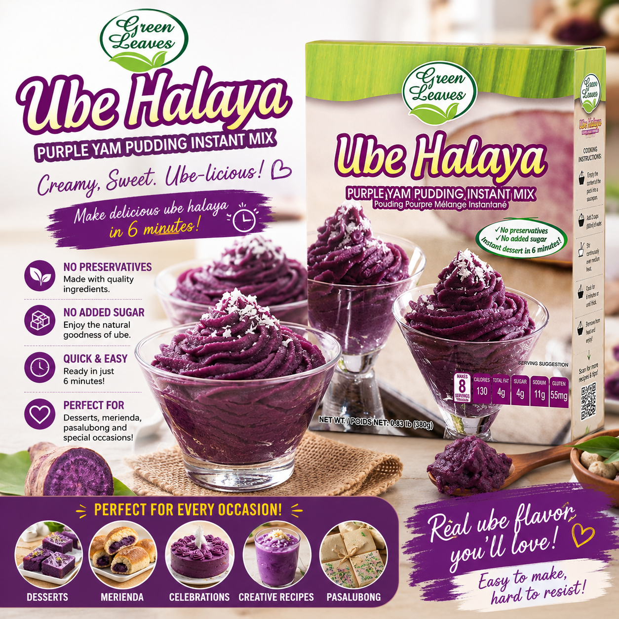 Green Leaves Purple Yam and Coconut Instant Dessert- Ube Halaya Pudding Instant Mix 380g