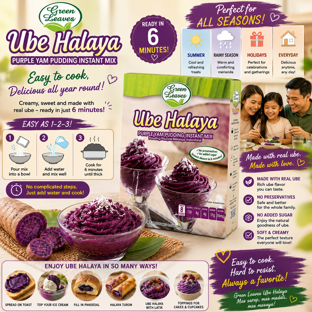 Green Leaves Purple Yam and Coconut Instant Dessert- Ube Halaya Pudding Instant Mix 380g