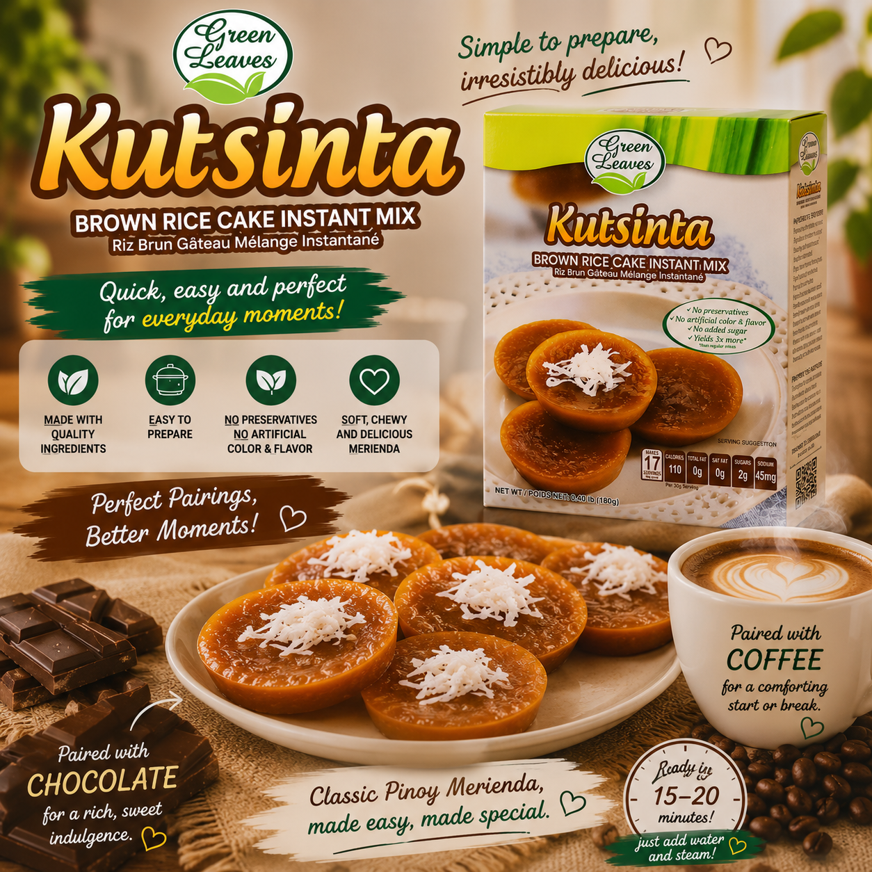 Green Leaves Brown Rice Coconut Cake Instant Dessert- Kutsinta