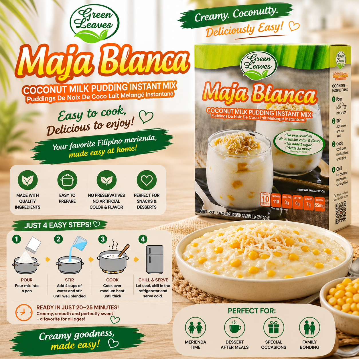 Green Leaves Rice and Coconut Instant Dessert- Maja Blanca- Coconut Milk Custard Pudding Mix