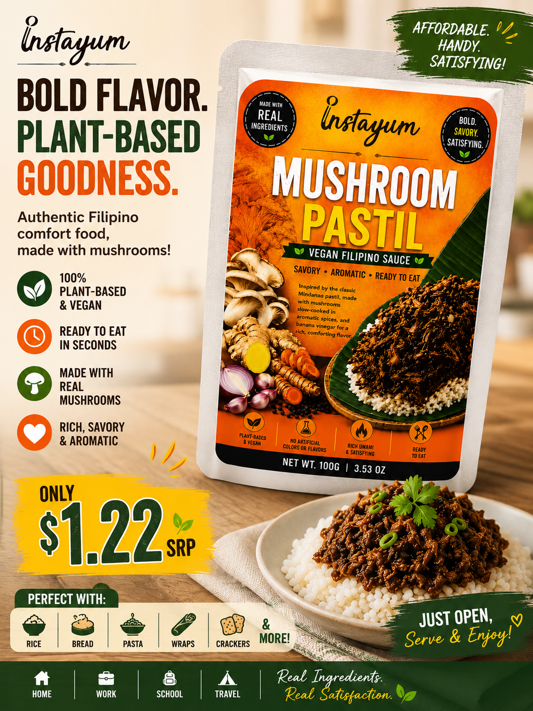 Instayum Mushroom Pastil – Vegan Filipino Mushroom  | Ready-to-Eat Plant-Based Ulam | 100g