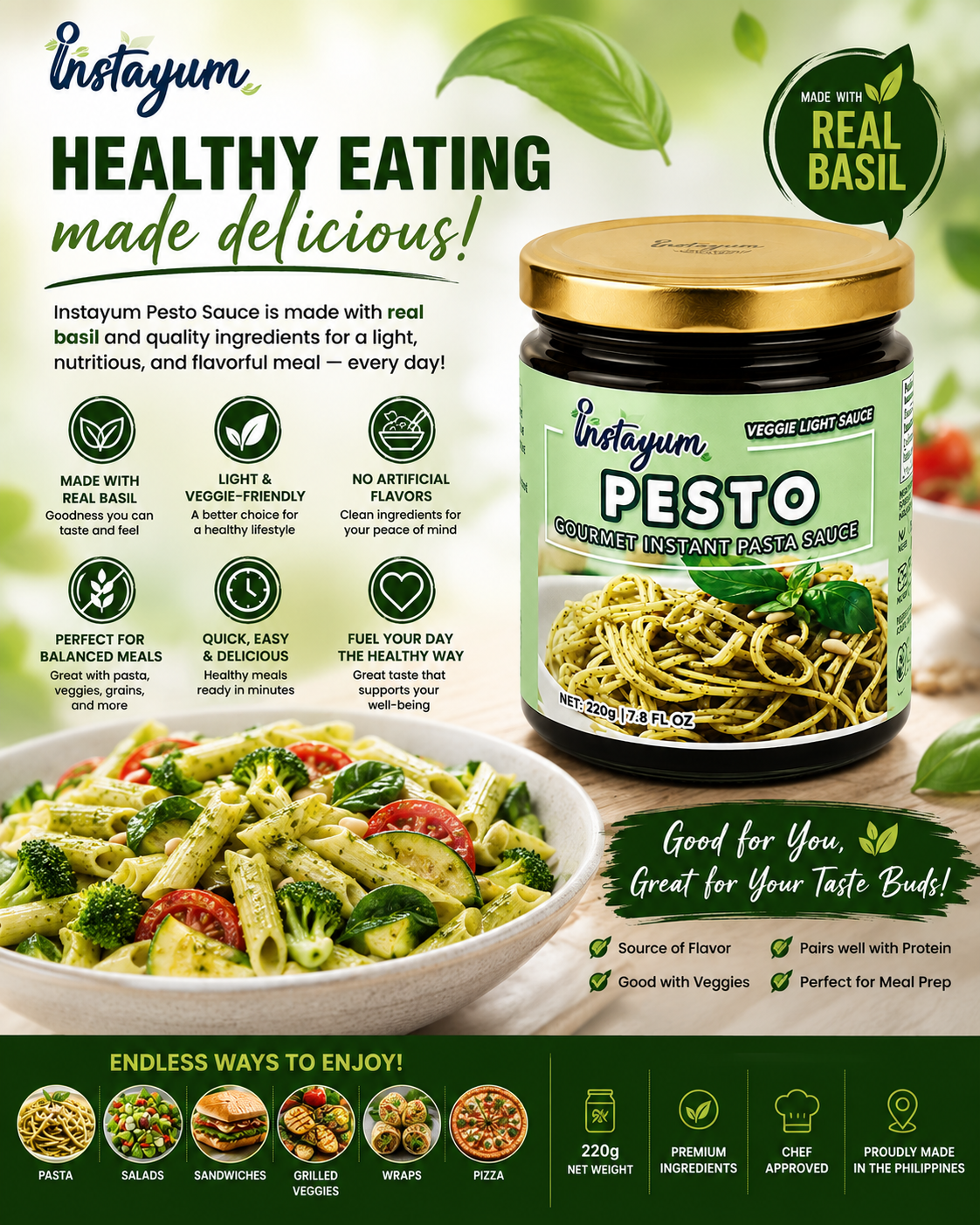 Instayum Gourmet Pesto Pasta Sauce 220g | Ready-to-Use Basil Pesto | Premium Veggie Light Sauce | Perfect for Pasta, Pizza & Sandwiches