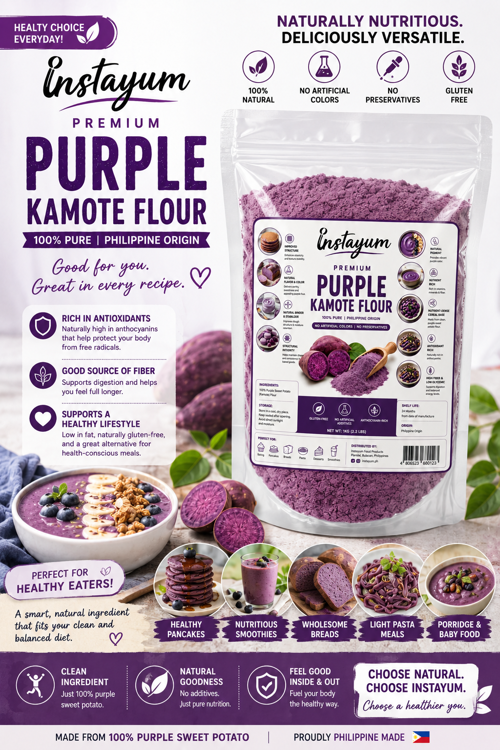 Instayum Premium Purple Sweet Potato Flour 1kg – All-Natural Bakery, Pasta & Beverage Superfood Powder