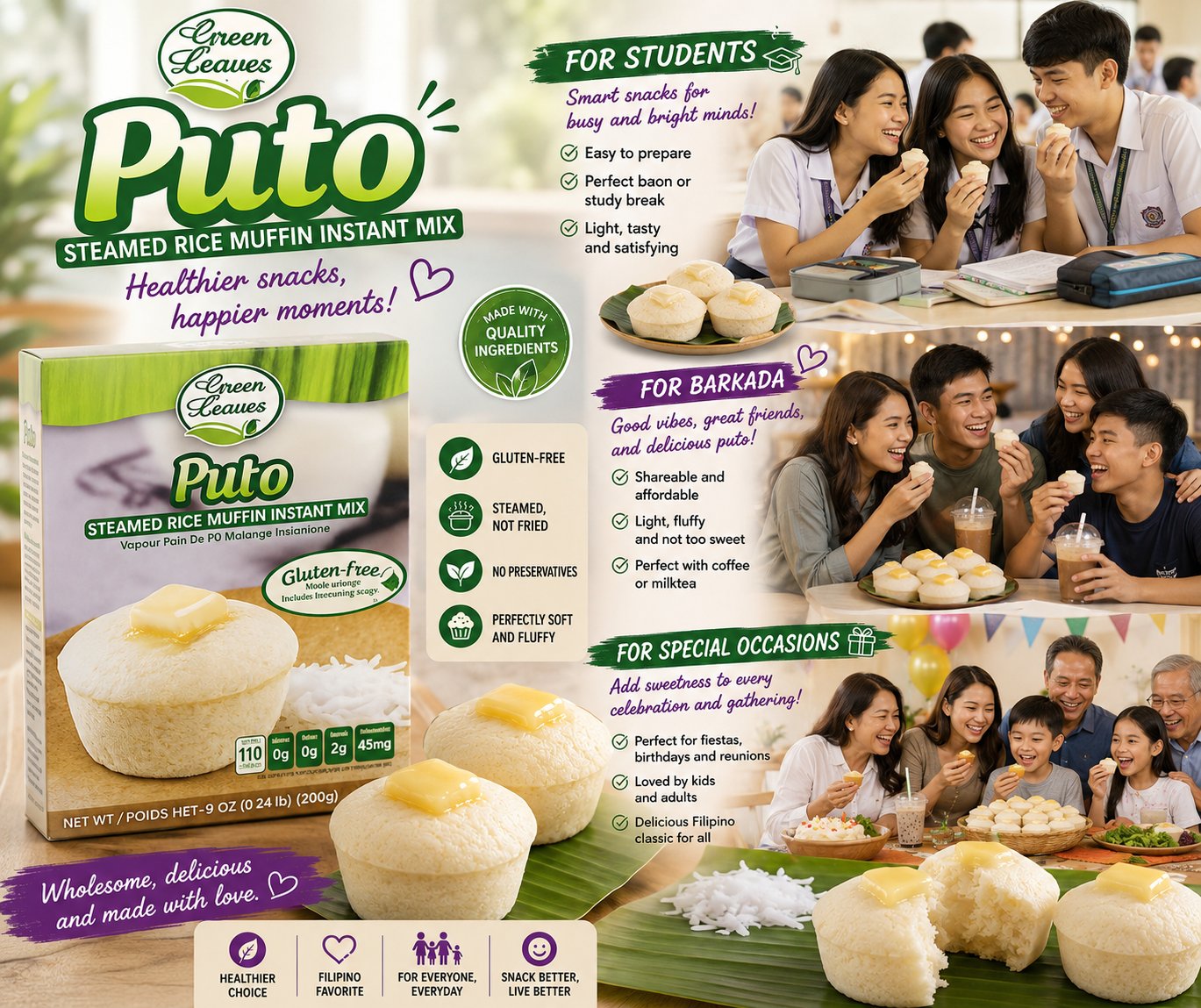 Green Leaves Rice and Coconut Instant Dessert- Puto (Gluten-free Steamed Rice Muffin)