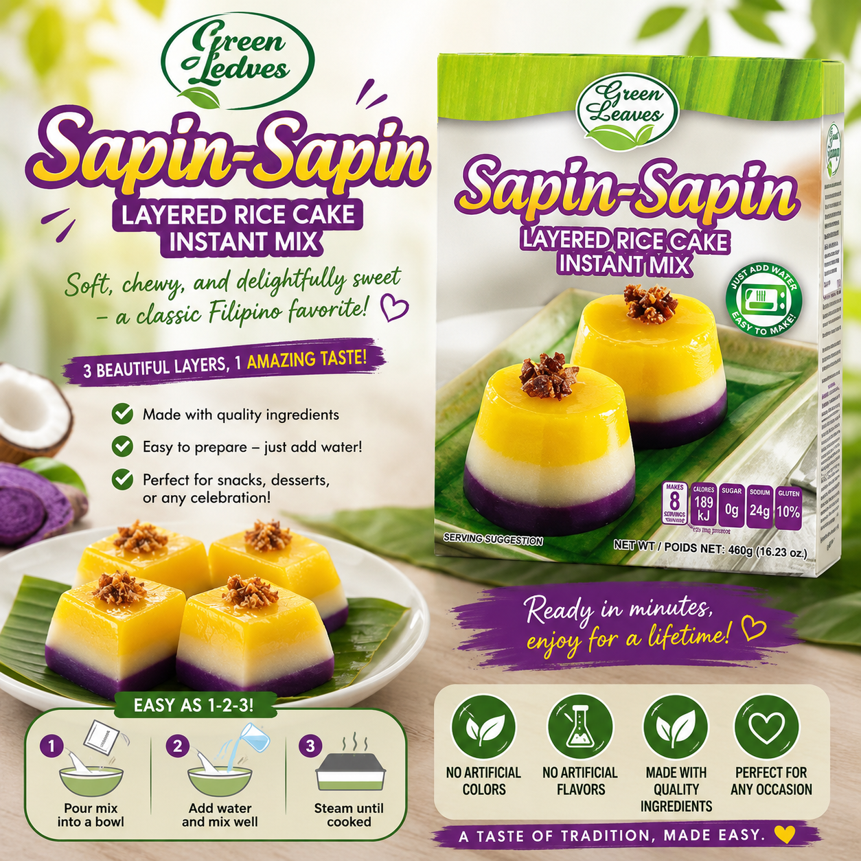 Green Leaves Instant Sapin Sapin Layered Rice Cake Mix- Just add water