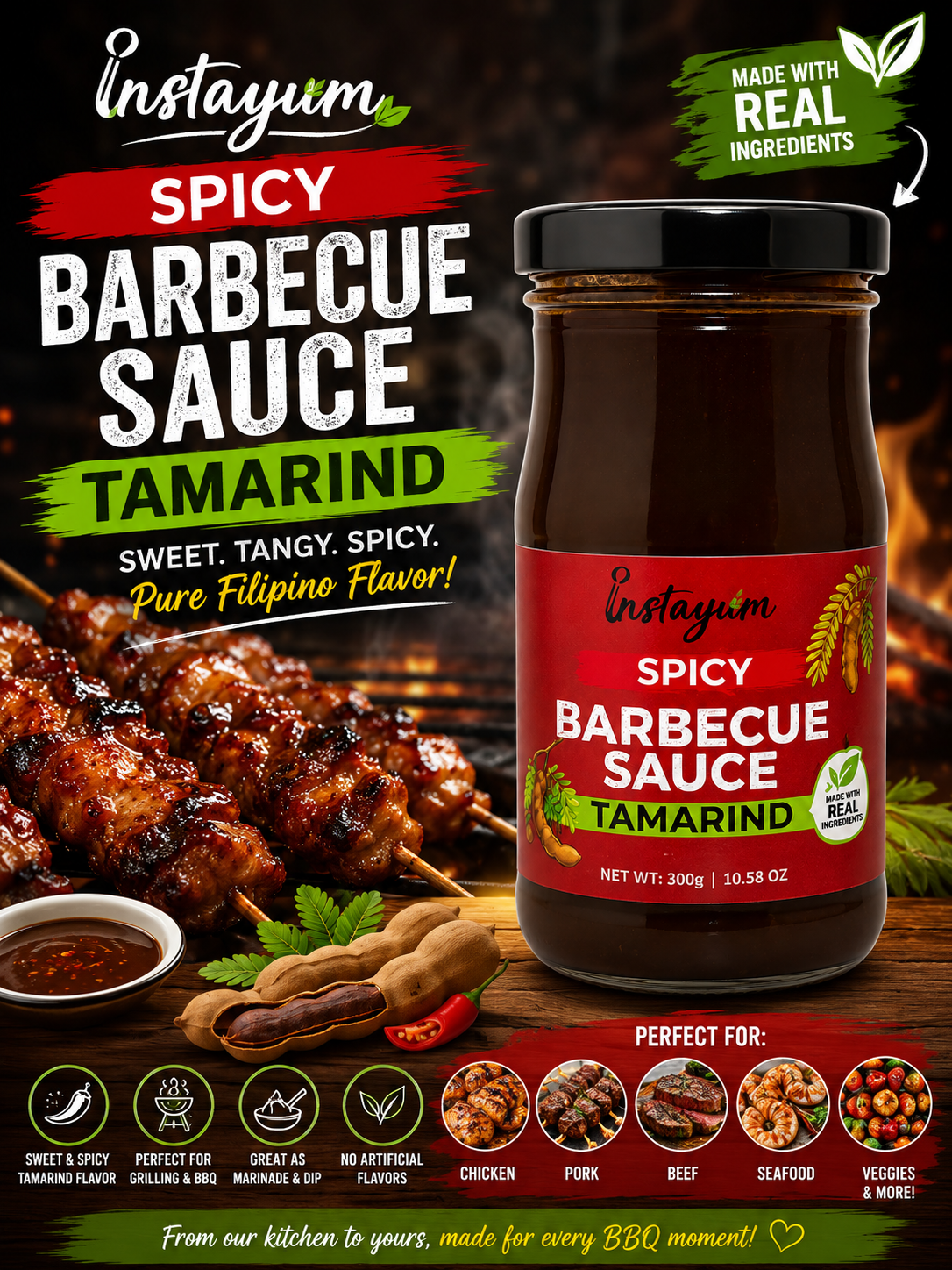 Instayum Spicy Tamarind Barbecue Sauce – Sweet & Spicy BBQ Marinade, Grilling, Dipping & Cooking Sauce | 300g